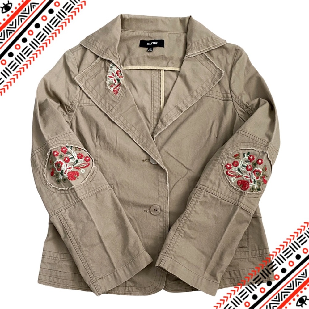 Kaktus boho utility blazer jacket w/ flower embroidery 100% cotton, tan red